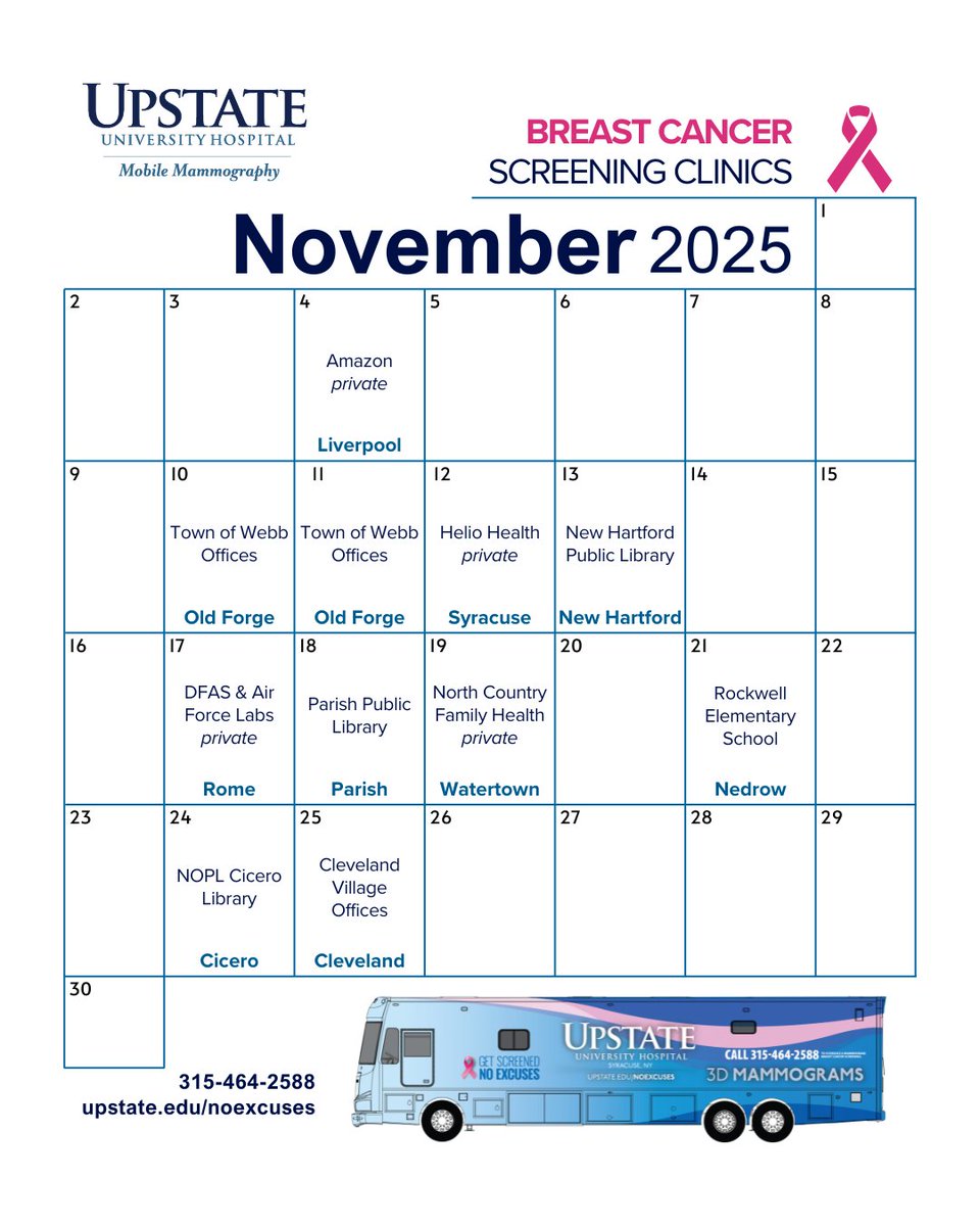 Upstate Mammo Van (@upstatemammovan) on Twitter photo Breast cancer awareness month may end on October 31st, but the need to be screened does not! If you're due for a screening in November, see us at one of these convenient sites.
To learn more about screenings, visit upstate.edu/noexcuses. Breast cancer awareness month may end on October 31st, but the need to be screened does not! If you're due for a screening in November, see us at one of these convenient sites.
To learn more about screenings, visit upstate.edu/noexcuses.
