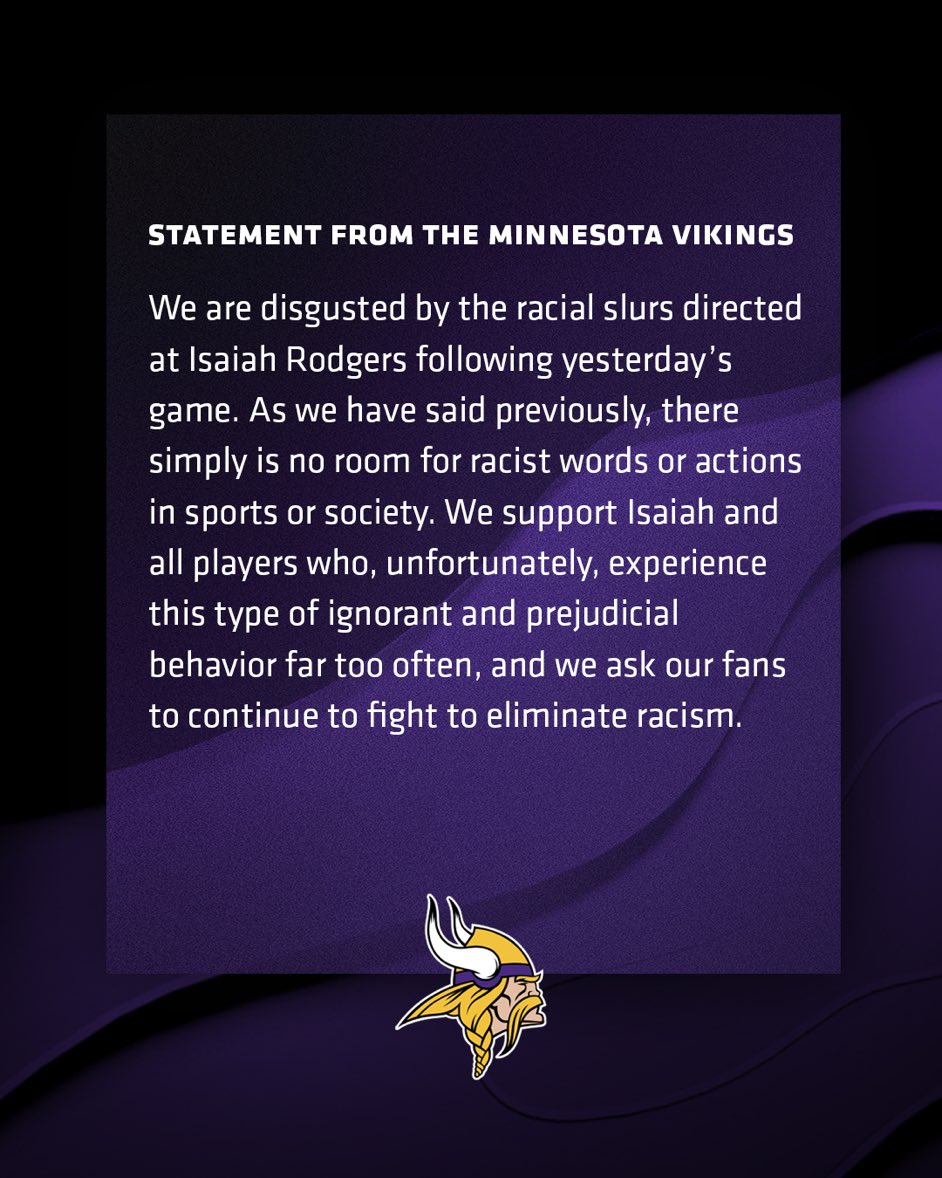 Vikings respond to racist social media messages sent to Isaiah Rodgers. “We are disgusted.” 