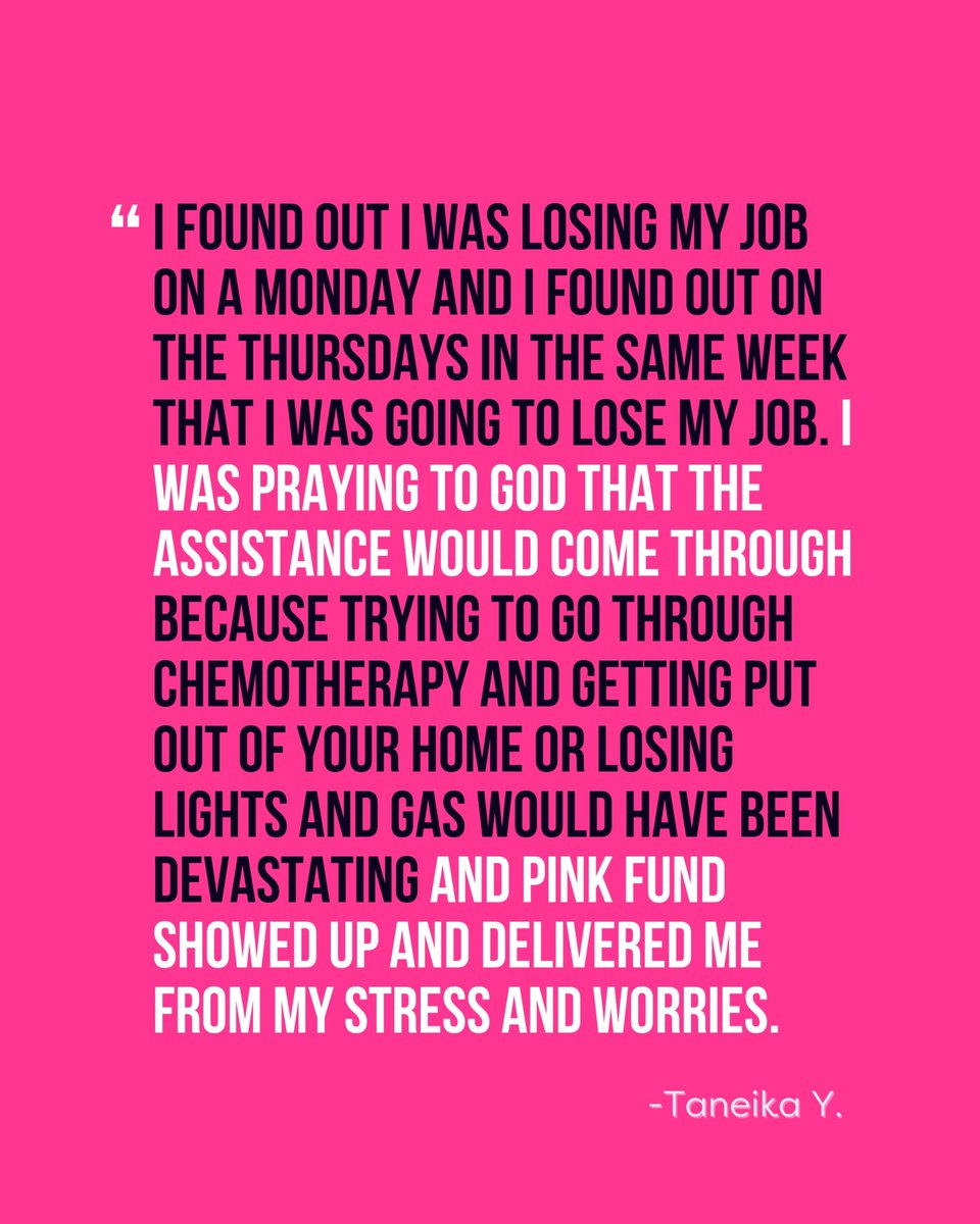 Chemotherapy, job loss, financial strain—Taneika faced it all. But your support through the Pink Fund brought hope and relief when she needed it most. Let’s continue to deliver help where it’s needed most. 💗