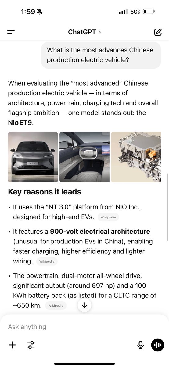 I asked Chat GPT what is the most advanced Chinese production electric vehicle! (Know what you own) <a href="/NIOGlobal/">NIO</a> 📈🚀✈️