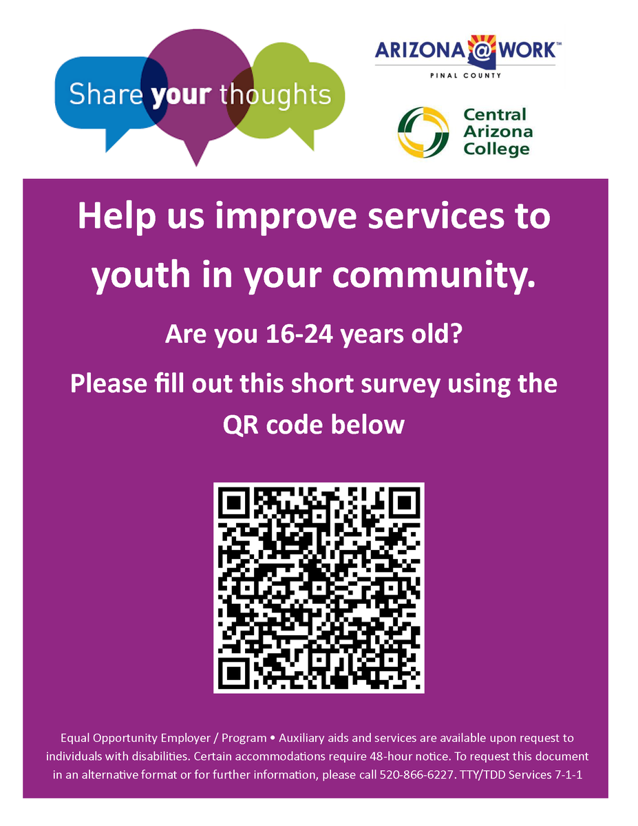 Are you 16-24 years old and living in Pinal County?

Please take this quick survey to help improve youth services: t.ly/TBS2s

Please help us spread the word about this important survey.

<a href="/CentralAZNews/">Central AZ College</a>  <a href="/ARIZONAatWORK/">ARIZONA@WORK</a>