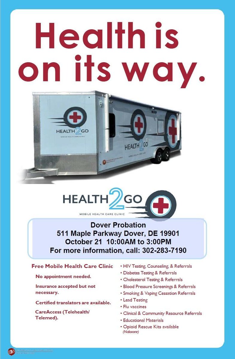 On Tuesday, October 21, from 10 AM to 3 PM, Dover Probation and Parole is partnering with the Delaware Division of Health and Social Services (DHSS) to host the Health2Go Mobile Healthcare Clinic — open to individuals under community supervision and the public.