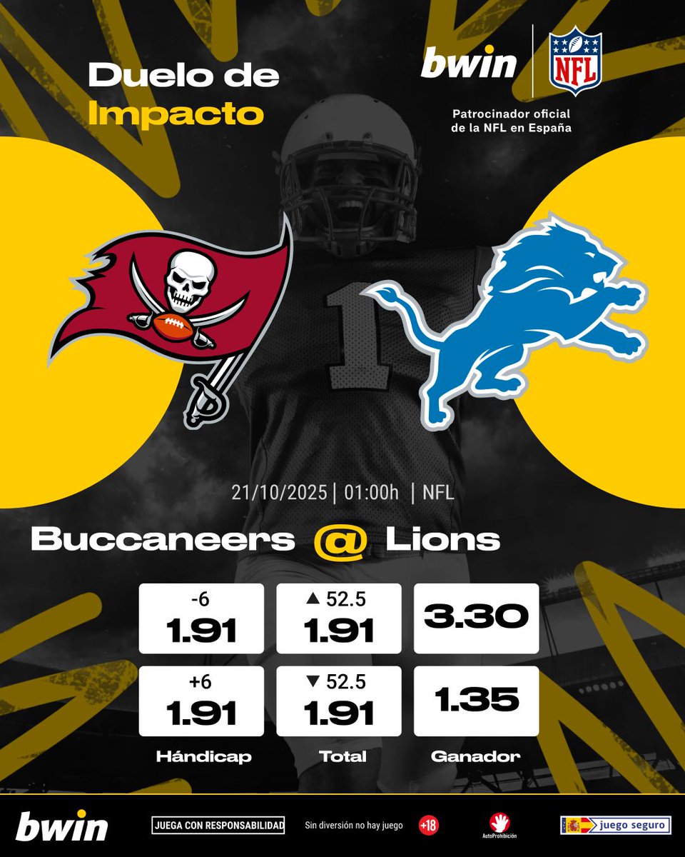 Monday night football para cerrar la semana 8 🏈 

🦁Lions reciben a los Buccaneers ☠️

💥Dos equipos con hambre de playoffs y dos QB en racha

¿Team Goff o Team Mayfield?😏

📲 bwin.es/es/sports/even…