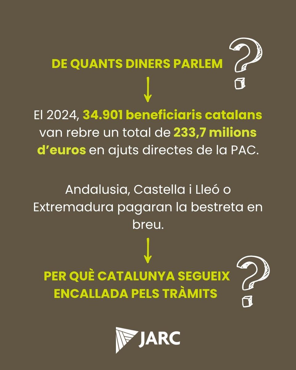 JARC_COAG's tweet photo. 🚨 Cap Govern ha resolt el bloqueig crònic de la bestreta de la PAC.
Catalunya torna a quedar fora mentre altres CCAA ja han activat el pagament del 70%.
La pagesia no pot esperar més.
✊ Exigim el pagament immediat del 70% dels ajuts de la PAC 2025.
#PAC #JARC #PagesiaViva https://t.co/bQPKGakgTE