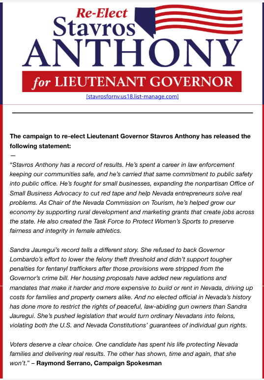 That didn't take long! Lt. Gov. <a href="/StavrosAnthony/">Stavros Anthony</a>'s team with a quick reply to <a href="/sandra4nv/">Sandra Jauregui</a>'s announcement earlier today that she's going to file for lieutenant governor. MORE: