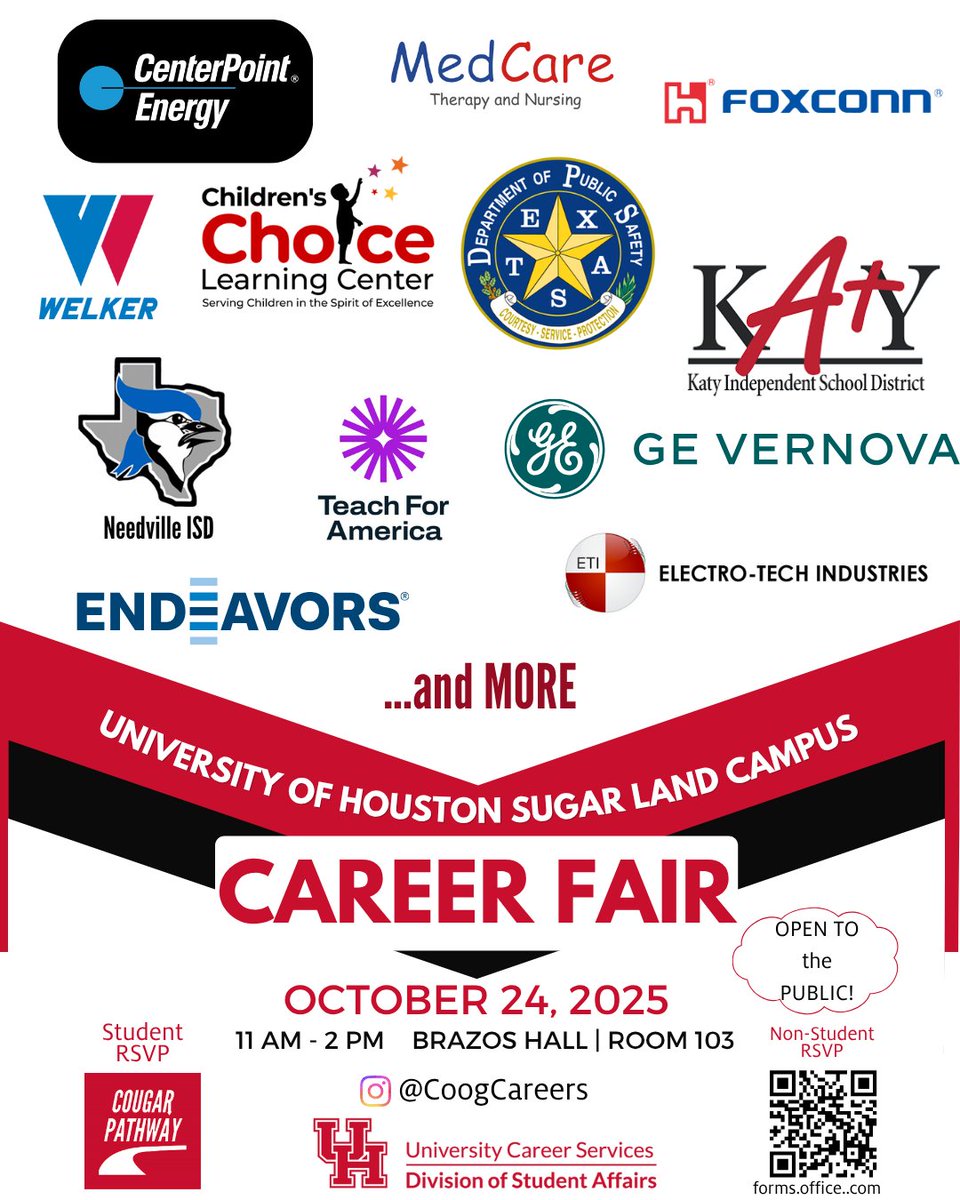 📢Join us at the University of Houston at Sugar Land Campus Career Fair:
🖊️Fri., Oct. 24, 2025! (Open to the public)
🕚11 AM to 2 PM
📍Brazos Hall - Room 103 A &amp; B.
💻UH students can RSVP in Cougar Pathway.
📱Non-UH Students: RSVP on the MS Form-QR Code
💼Business attire required