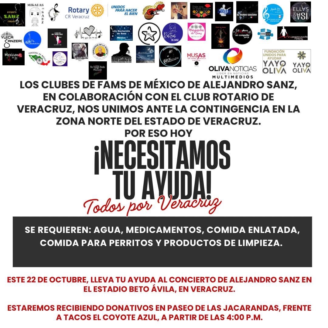 Los clubes de FAMS de <a href="/AlejandroSanz/">Alejandro Sanz</a> en 🇲🇽 en colaboración con Club Rotario, Oliva Radio, Oliva Noticias y Fund. Yayo Oliva, se unen para ayudar a los afectados en el norte de #Veracruz, el 22/10, recibiendo víveres en el Estadio Beto Ávila
♥️Colabora🙏🏼
@alejandrosanz