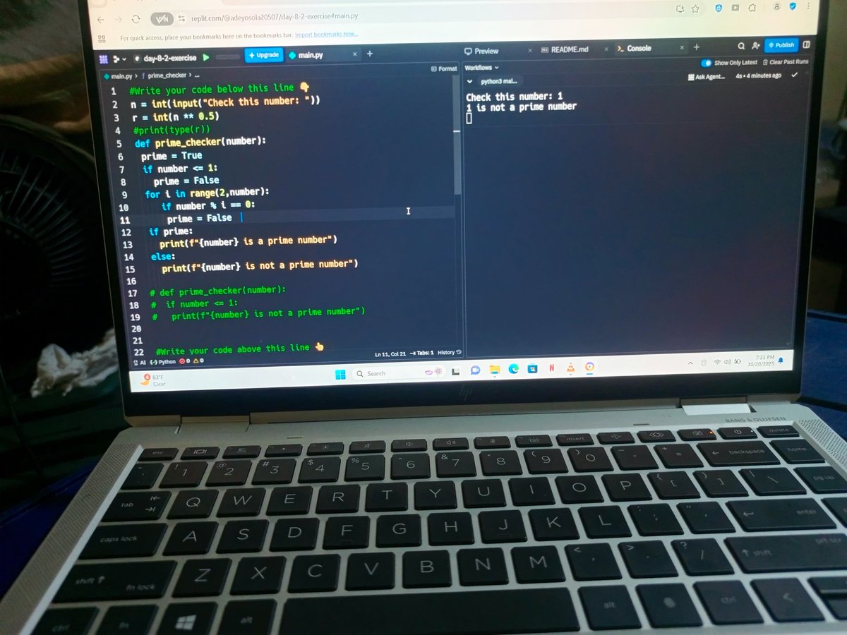 Justbreathe_66's tweet image. Day 18 of python learning.
Used functions with input to create a program that can tell if a number is a prime number or not.
We keep pushing 😭🤲🤲