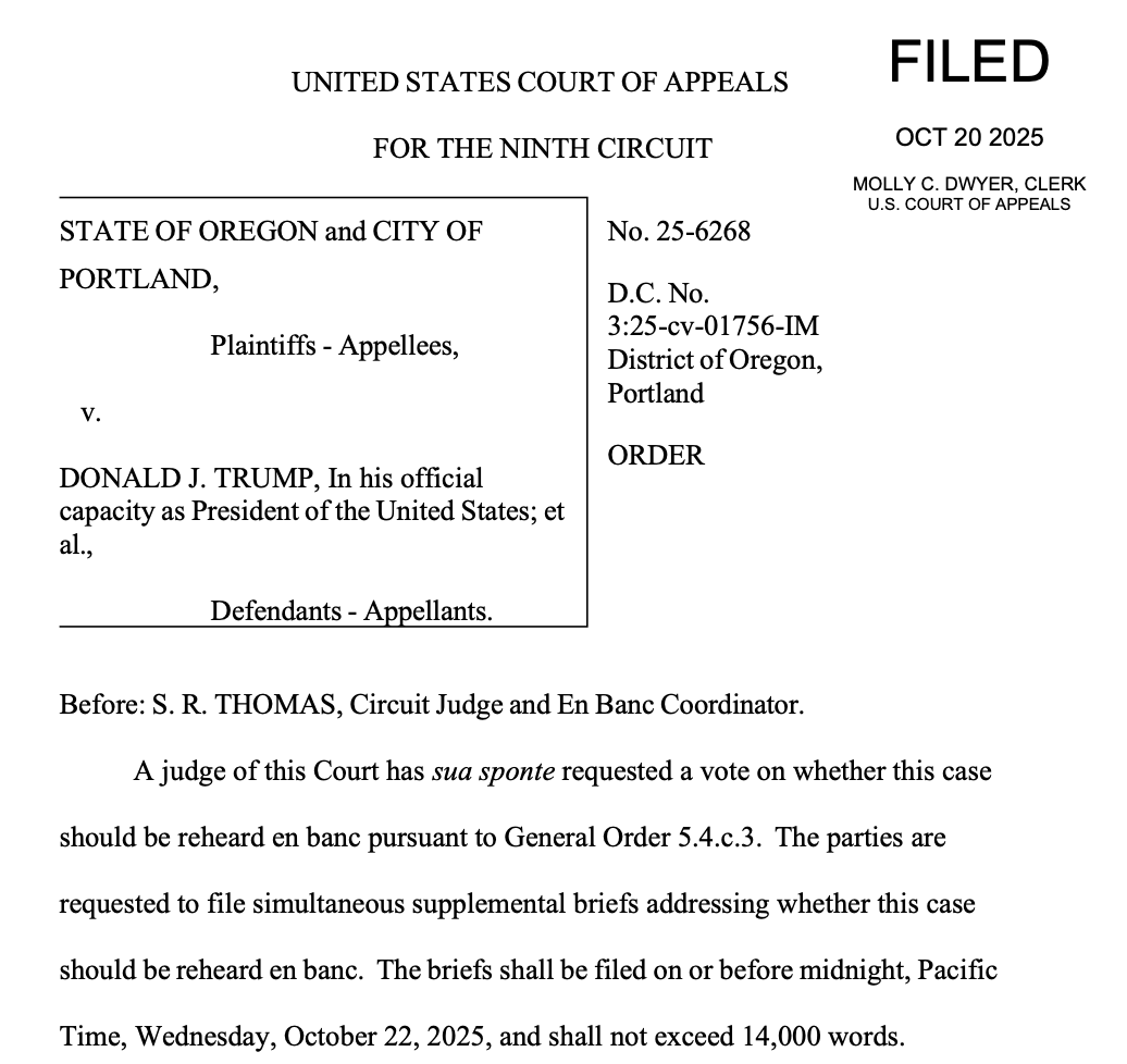 BREAKING: A Ninth Circuit judge has sua sponte — on their own — already called for a vote on whether there should be an en banc rehearing (which means all active judges will vote on whether the matter should be reheard). Briefing is called for on that question, due by mid-week.