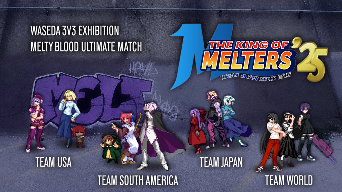 You may have noticed the large green block Friday for MBAACC...

Introducing the King of Melters '25 Exhibition! Legendary Melty players on teams from around the world will face off in a mini 3v3 tournament Friday night with <a href="/kilovollt/">Galva</a> and me on the mic

Dream match never ends.