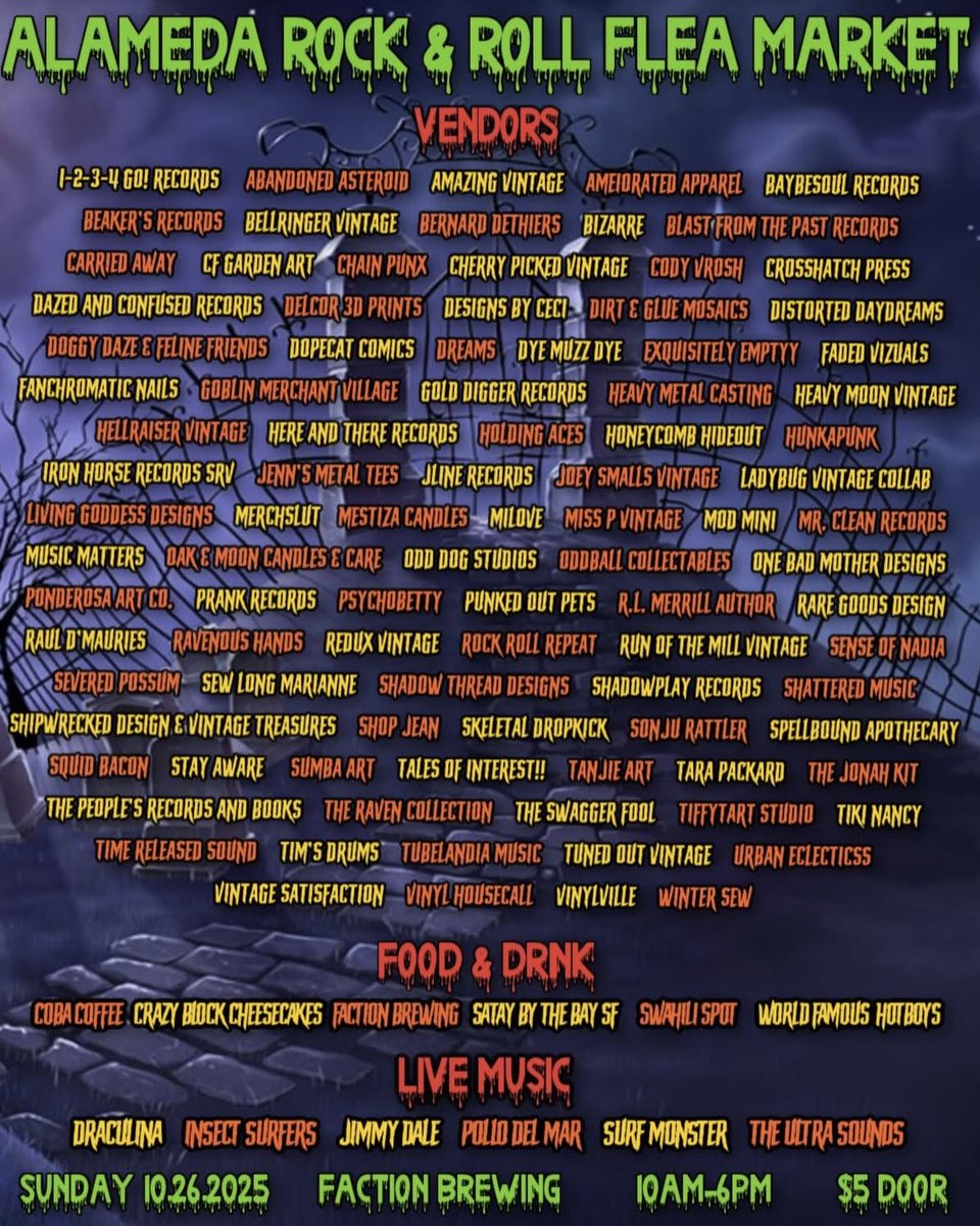 Rock &amp; Roll Flea Market hits THIS Sunday, Oct 26th | 10–6!

100+ vendors slingin everything from vinyl to vintage to tiki treasures, plus live music all day long featuring The Ultra Sounds, Surf Monster, Pollo Del Mar, Draculina, Insect Surfers, and Jimmy Dale (yes, that Dale 😉)