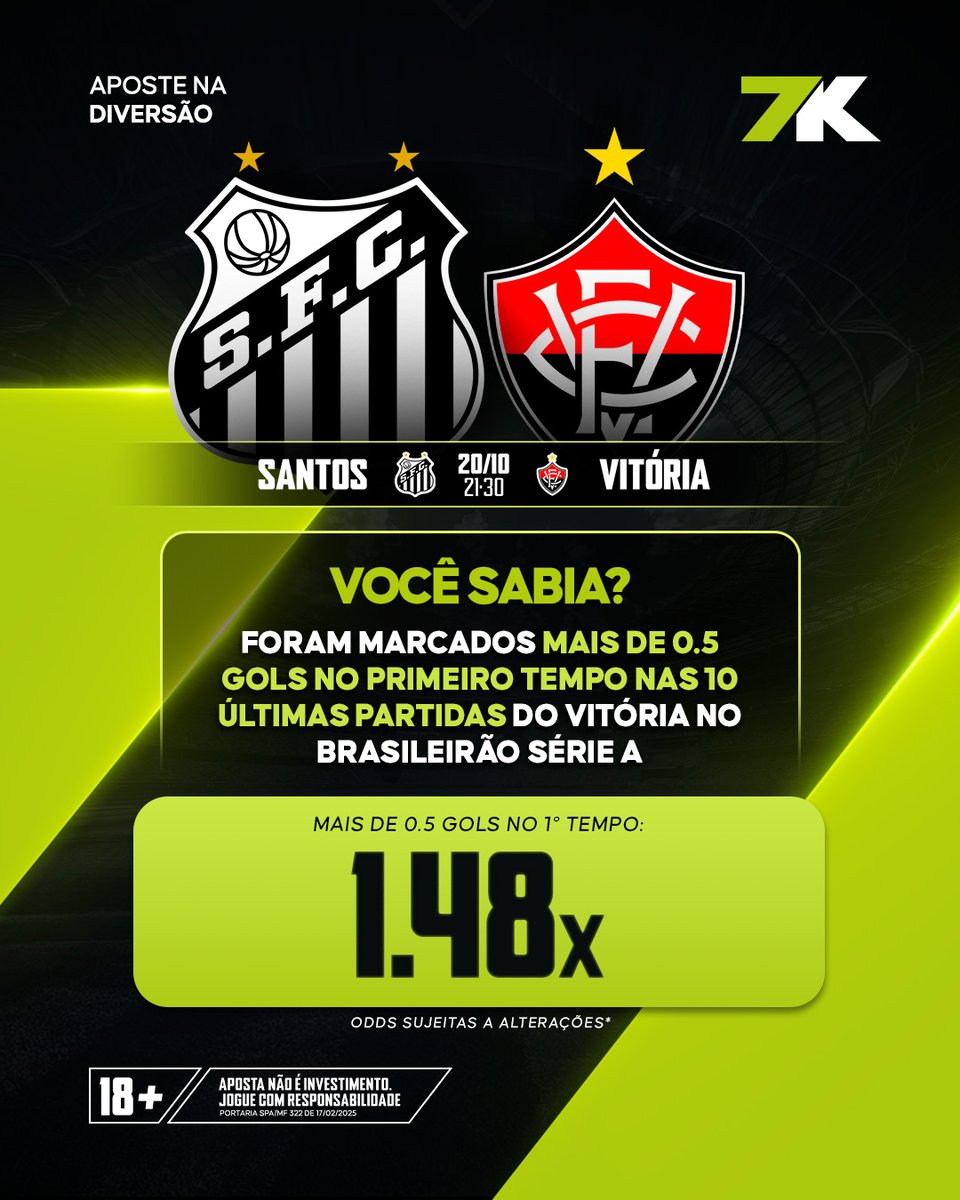 Dois patrocinados 7K em campo! ⚽🔥

Santos x Vitória promete jogo pegado e gol logo no primeiro tempo 👀

Confere as odds 👉7k.bet.br/sports/futebol…

🔞 Aposta não é investimento. Apenas para maiores de 18 anos. Jogue com responsabilidade. Portaria SPA/MF 322 de 17/02/2025.