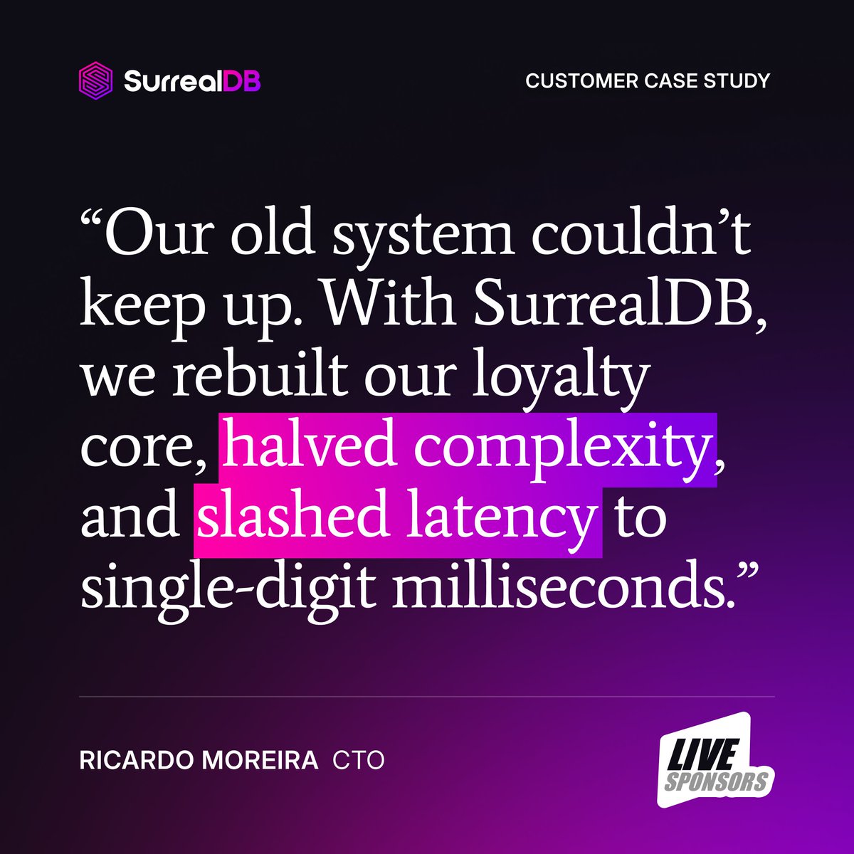 Scaling VIP loyalty programmes across 25 iGaming operators pushed <a href="/LiveSponsors/">LiveSponsors</a>' legacy database stack to its limits. After migrating to our multi-model database, it cut infrastructure complexity and slashed latency. Learn how. 👉 sdb.li/4nm3yLz