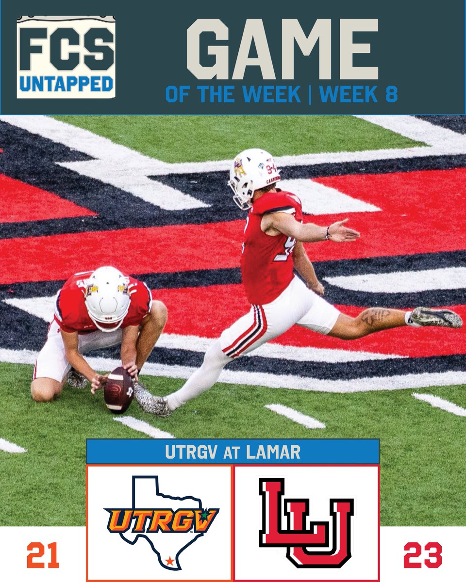 Cards win a thriller!

Ben Woodard kicked a program-tying 57-yard FG with just over a minute remaining giving <a href="/LamarFootball/">Lamar University Football</a> a victory over rallying UTRGV that took the lead early in the 4th.

This is FCS Untapped’s Game of the Week from Week 8.

#FCSUntapped | #NCAAFCS