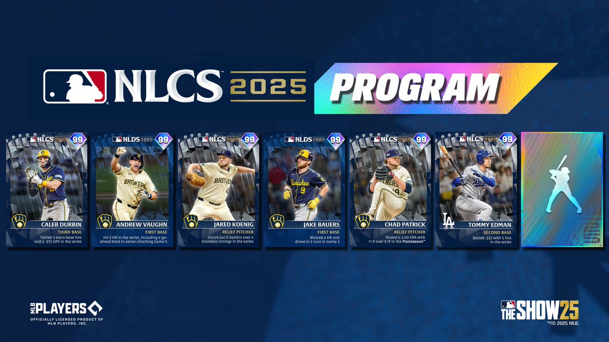Jump into the #NLCS Program now to earn 2025 Postseason Series players:

⚾ Tommy Edman
⚾ Chad Patrick
⚾ Jake Bauers
⚾ Caleb Durbin
⚾ Jared Koenig
⚾ Andrew Vaughn
⚾💎

Live now in #MLBTheShow 25!