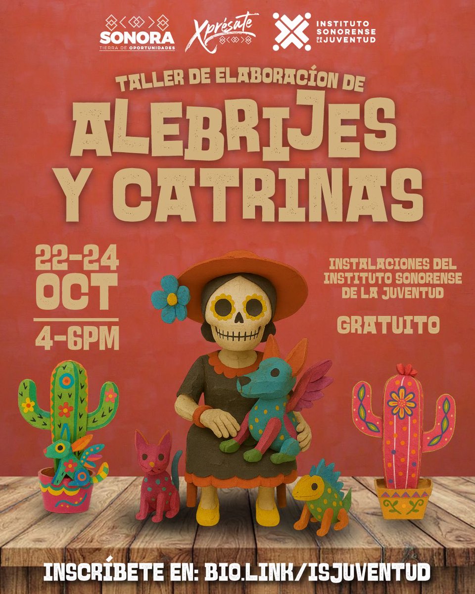 Crea, colorea y diviértete! 🎨
Aprende a hacer tus propios Alebrijes y Catrinas

📆22 al 24 de octubre.
📍Instalaciones del Instituto Sonorense de la Juventud
¡Gratis y con toda la actitud! 💀✨
Inscríbete aquí 👉 bio.link/isjuventud