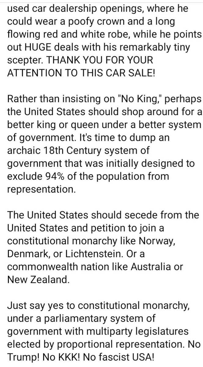 Not all kings are delusional narcissistic sociopaths like Trump. Many constitutional monarchies limit the authority of kings and queens to a ceremonial role. Unlike the imperial presidency entrenched in the United States.