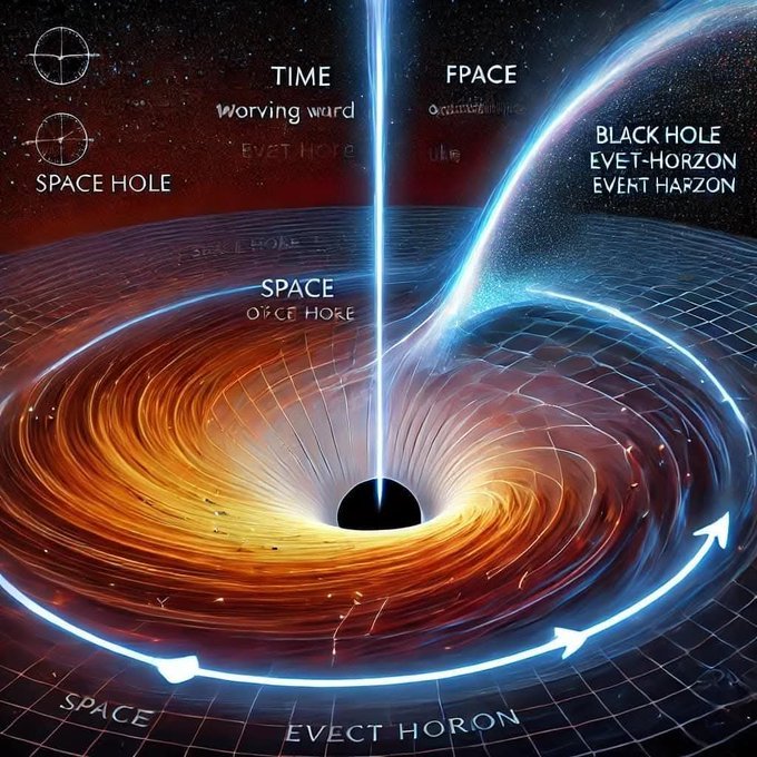 konstructivizm's tweet image. Near a black hole’s event horizon, spacetime warps dramatically due to extreme gravity. Outside, time flows linearly, and space allows free movement. Within the event horizon, the radial direction toward the singularity becomes timelike—inescapable and unidirectional, like time…