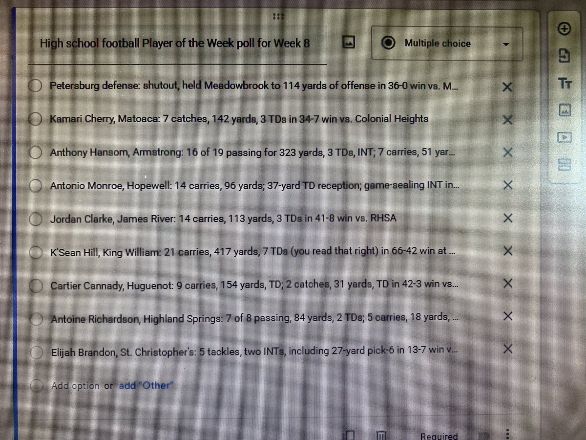 Week 8 nominees —

<a href="/PHS_CrimsonWave/">PHS Crimson Wave</a> D
<a href="/KSeanHill176045/">K’Sean “ Special K” Hill</a> 
<a href="/weupnextcherry/">Kemari Cherry</a> <a href="/MHS_Warriors_FB/">MatoacaWarriorsFB</a> 
<a href="/HHS_VA_Sports/">Hopewell Blue Devils Sports</a> 
<a href="/CoachPruitt50/">Coach Pruitt</a> <a href="/AHSSportsRVA/">Armstrong_Athletics</a> 
<a href="/Jordanclarke477/">Jordan Clarke 27</a> <a href="/JRRapidsFB/">James River Football</a> 
<a href="/ImCartier/">Narti</a> <a href="/HuguenotFB/">Huguenot Football</a> 
<a href="/ahunchoo4/">Antoine Richardson</a> <a href="/DSACoachHlee_4/">Harry Lee Daniel</a> <a href="/gohshsfootball/">HSHS Football</a> 
<a href="/ballislifeeb/">Elijah “EB” Brandon</a> <a href="/STCAthletics/">St. Chris Athletics</a>