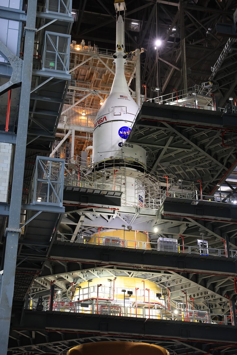Acting NASA administrator Sean Duffy has confirmed that the Orion spacecraft is now installed atop SLS!!!

SLS and Orion are now fully stacked ahead of rollout to LC-39B