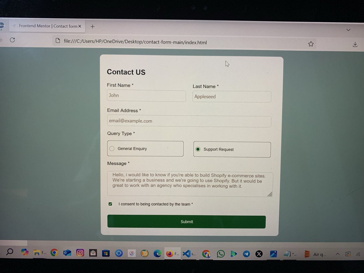 Dr_EmmaNuel2's tweet image. #CodeMoodDay5 ⚡
Took a little detour today 😅
Built my first contact form 📨
Not what I planned, but it felt amazing seeing it work! 💪
Progress isn’t always perfect — it’s movement.
#30DaysOfCode #CSS #WebDevelopment #FrontendDev #learntocodeforfree #WebDevelopment