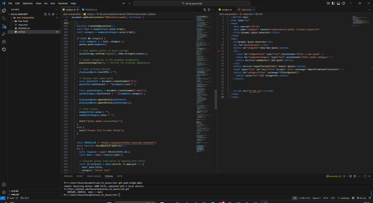 nkeiruka_iweala's tweet image. Day 37 of #100DaysOfCode
Enhanced my Dynamic Quote Generator by adding a quote creation feature and server data sync option 
Takeaway: Practiced handling async functions and DOM updates in real-time.
Challenge: Debugging was a hassle
#WebDevelopment #CodingJourney #DevCommunity