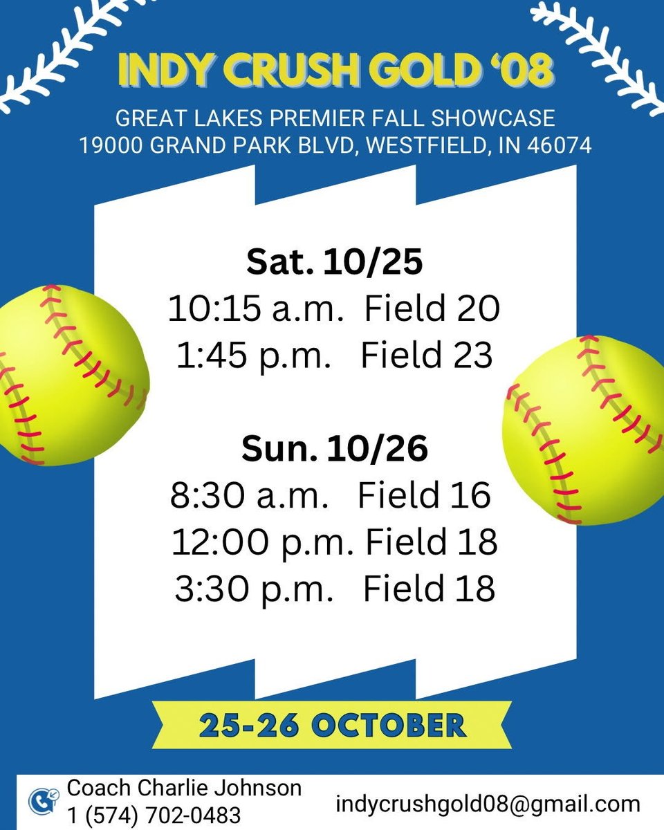 This weekend <a href="/indycrushgold08/">Indy Crush Gold 08</a> will play at the Great Lakes Premier Fall Showcase in Westfield! I hope to see you there! 
<a href="/IUINDY_SBALL/">IU Indy Softball</a> <a href="/Beirne_10/">Elisabeth Beirne</a> <a href="/ChrisUlrey/">Coach U</a> <a href="/IndianaSB/">Indiana Softball</a> <a href="/CoachStanton/">Shonda Stanton</a> <a href="/IndStSoftball/">Indiana State Softball</a> <a href="/CoachWThees/">Windy Thees</a> <a href="/BUsoftballcoach/">Scott Hall</a> <a href="/ButlerSoftball/">Butler Softball</a> <a href="/PurdueSoftball/">Purdue Softball</a> <a href="/CoachMFrezzotti/">Magali Frezzotti</a>