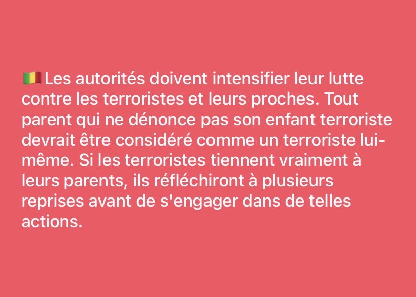 01diall0's tweet image. Au Mali 🇲🇱 il faut affaiblir le cellule de recrutement des terro-terro. La majorité des parents savent ce que font leurs fils 
@Said_du_Mali @Tonton_Mahamet @titicherif2000