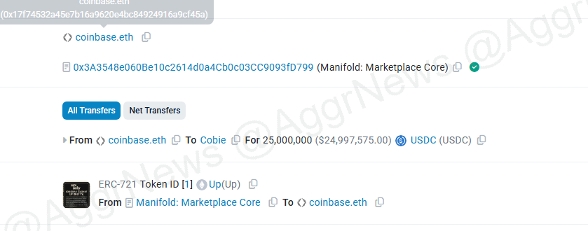 COINBASE.ETH ACQUIRES UPONLY NFT FROM COBIE FOR 25M USDC: ONCHAIN
