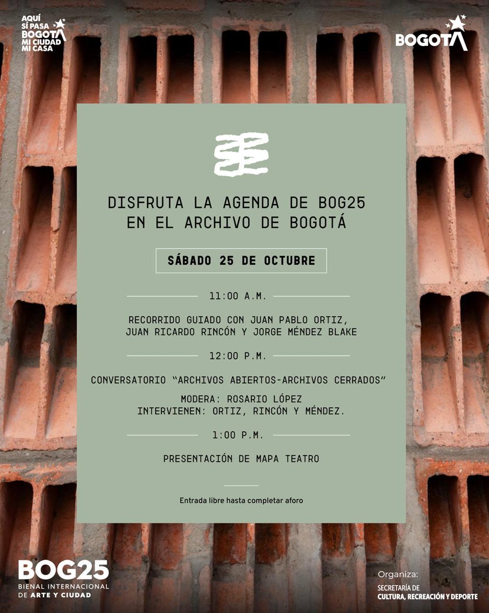 📆 Prográmate este sábado 25 de octubre con la #BOG25 en el Archivo de Bogotá  

#ModoBienal #AquíSíPasa