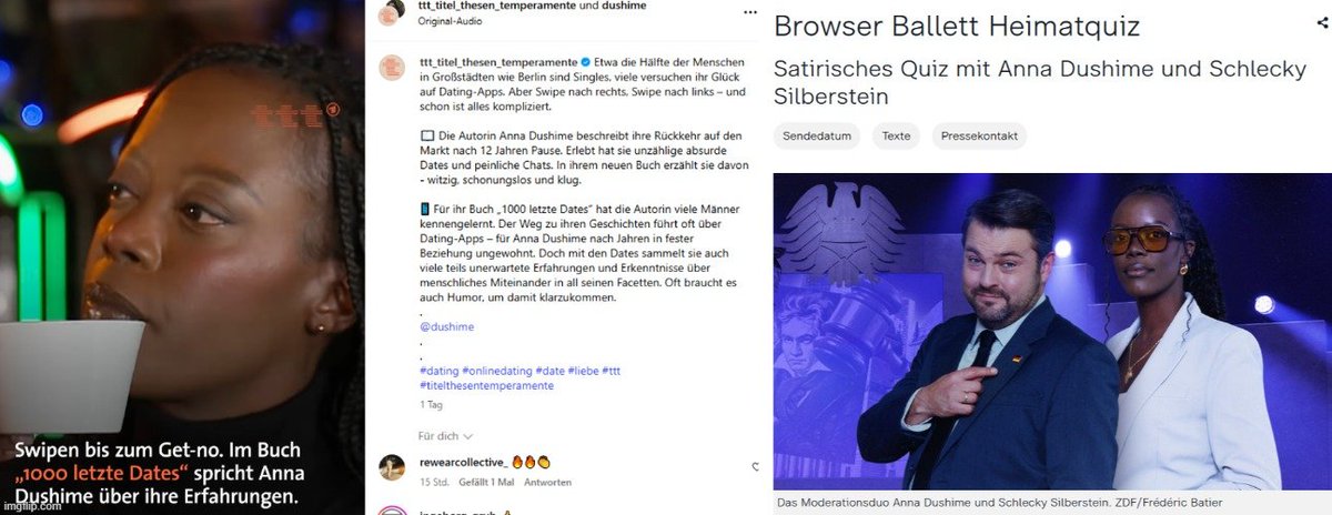 "ttt", das Kulturmagazin von ARD, empfiehlt ein Buch von Anna Dushime.

Sie arbeitet an mehreren ÖRR-Formaten mit, ist also Kollegin. Was die Zuschauer aber nicht erfahren.