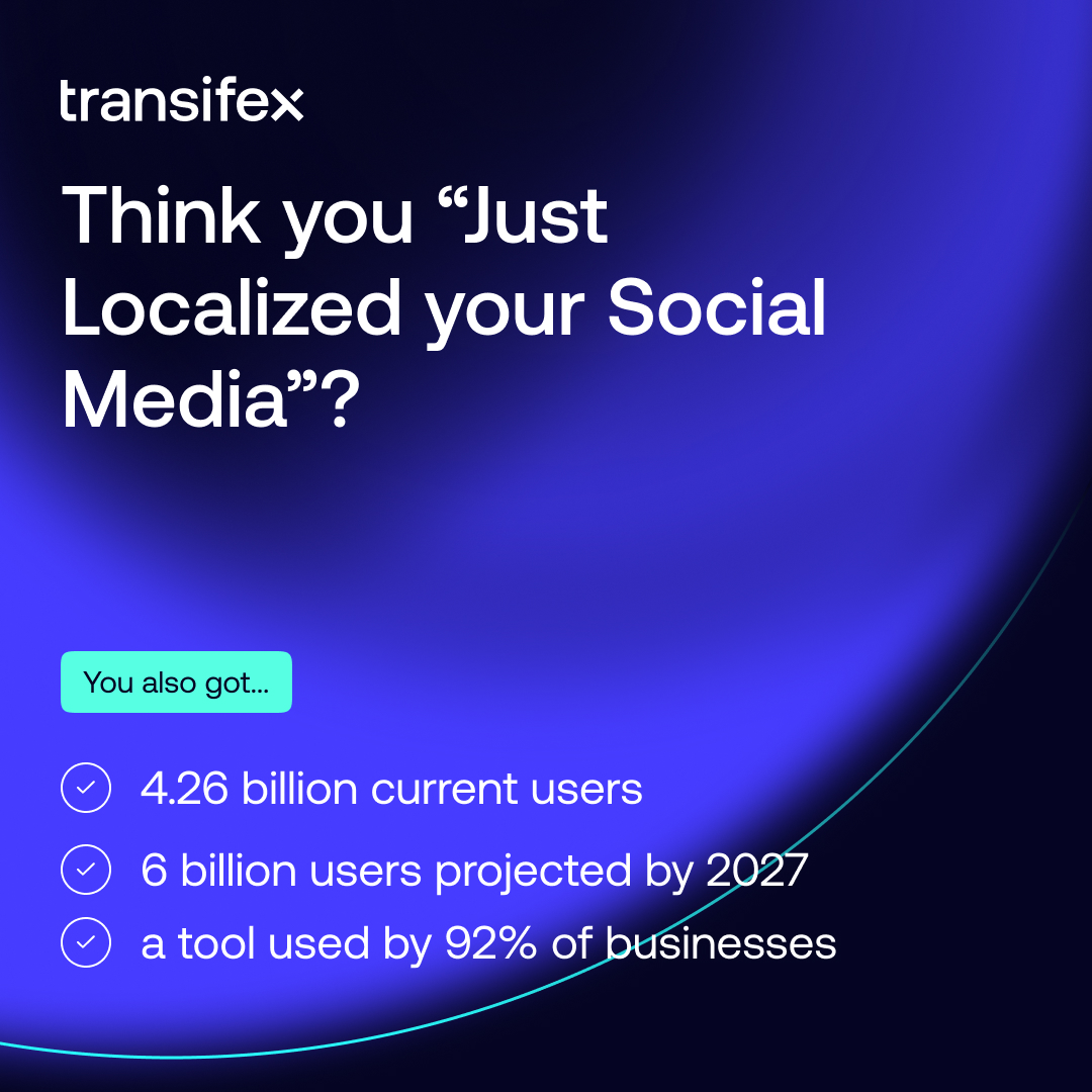 transifex's tweet image. Every market is unique, and so is every audience. Done right, social media localization can transform your brand&apos;s global presence.

Read more here: hubs.la/Q03NtvFC0 

#Transifex #localization #AI #TransifexAI #websitetranslation #AILocalization #SoMeLocalization