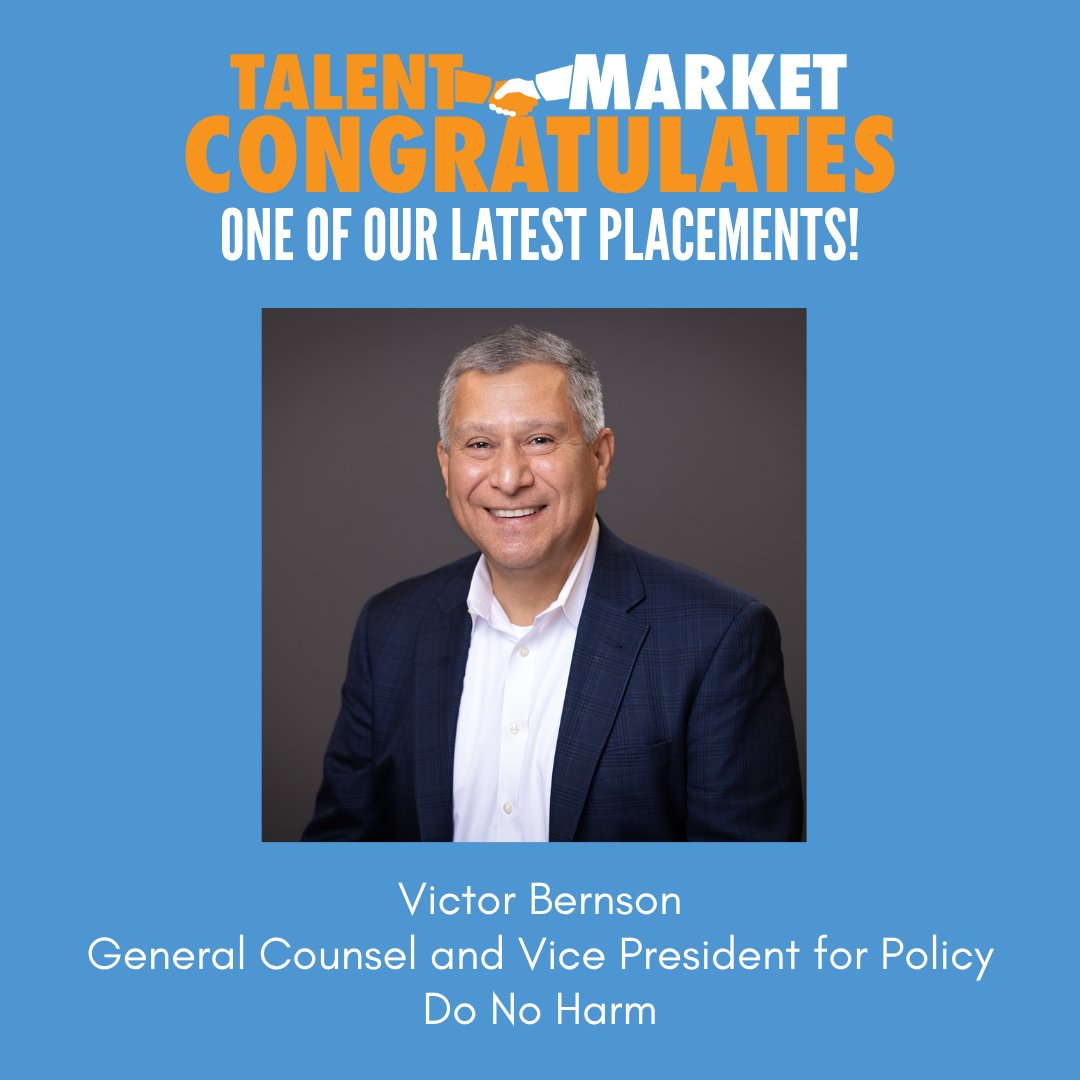 TalentMarket's tweet image. 🎉🎉 Congratulations to recent Talent Market placement, Victor Bernson, for joining @donoharm as their new General Counsel and Vice President for Policy! 🎉🎉 #talentmarketplacement #libertyjob