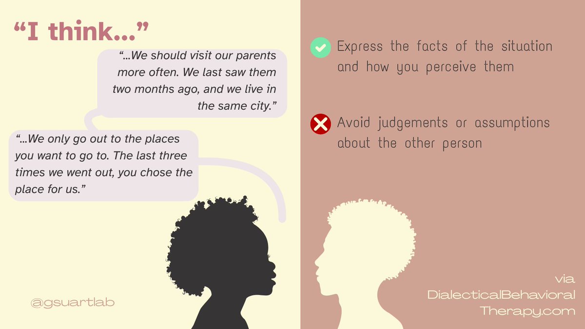 GSUARTLab's tweet image. Welcome back to #mentalhealthmonday. Today, we will outline how to assert yourself. Use this script if you struggle to communicate your thoughts, feelings, and wants. #dbt #selfadvocacy #anxiety #anxietytips #Psychology