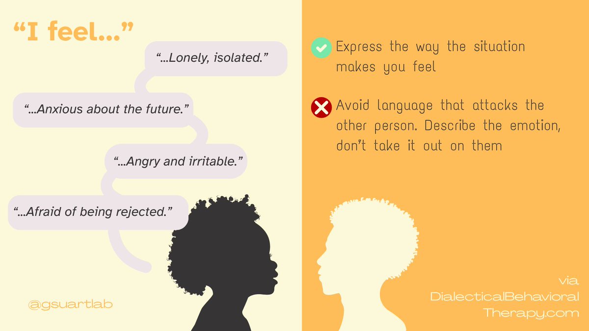 GSUARTLab's tweet image. Welcome back to #mentalhealthmonday. Today, we will outline how to assert yourself. Use this script if you struggle to communicate your thoughts, feelings, and wants. #dbt #selfadvocacy #anxiety #anxietytips #Psychology