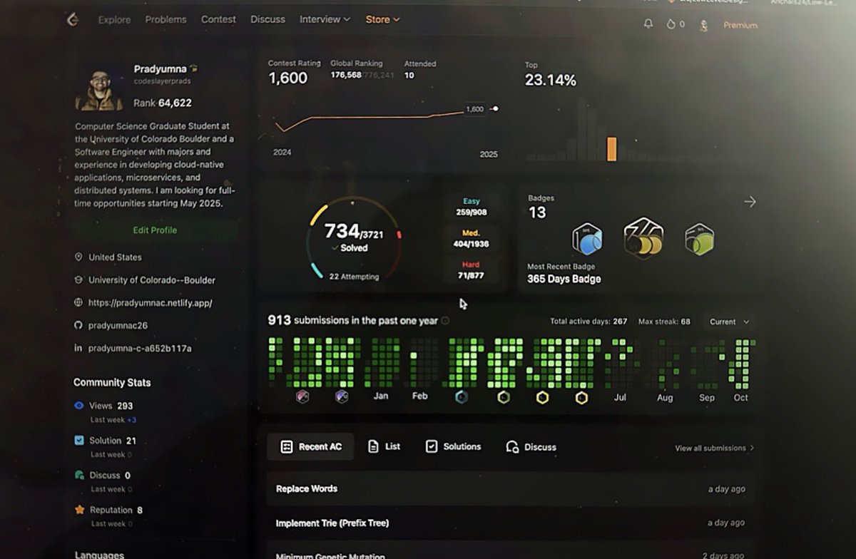 codeslayerprads's tweet image. 72 days left in 2025.
And this is how my profile looks currently.
Highly regret not building in public.
Not it’s time to turn things around.
#LeetCode #dsa #algorithms