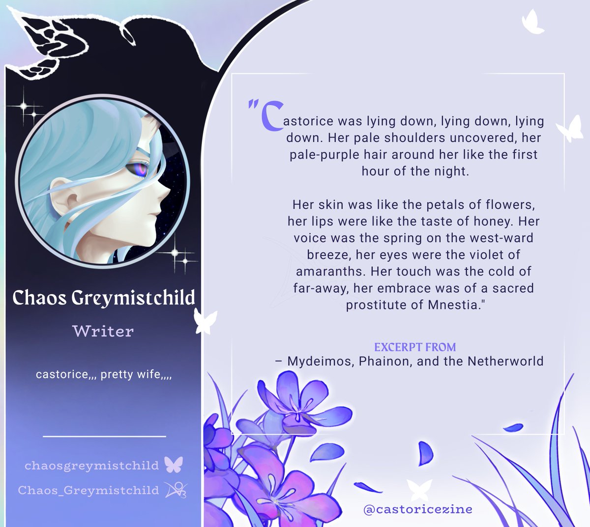 🪻CONTRIBUTOR INTRO🪻

Next up, please welcome Chaos Greymistchild! His skillful usage of words and soulful descriptions are sure to capture Castorice and her various relationships!

"castorice,,, pretty wife,,,,"