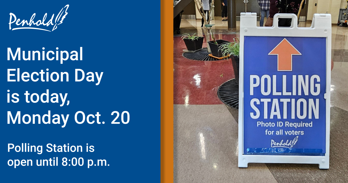 Municipal Election Day is TODAY: Monday, Oct 20
The Polling Station is open at the Penhold Multiplex  10 a.m. - 8 p.m.

The unofficial results will be made public on the #Penhold website &amp; social media as soon as they are available after voting has been closed &amp; votes re counted.