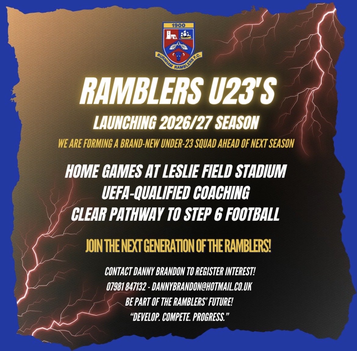 Danny_Brandon82's tweet photo. Really excited for this new venture at Burnham Ramblers FC, giving a pathway for players U23 to continue their development towards the First Team and step 6 Football. Proud to have been asked to manage this new squad in 2026/27, preparation starts now! 🔵⚽️ https://t.co/Fqa8W1owix