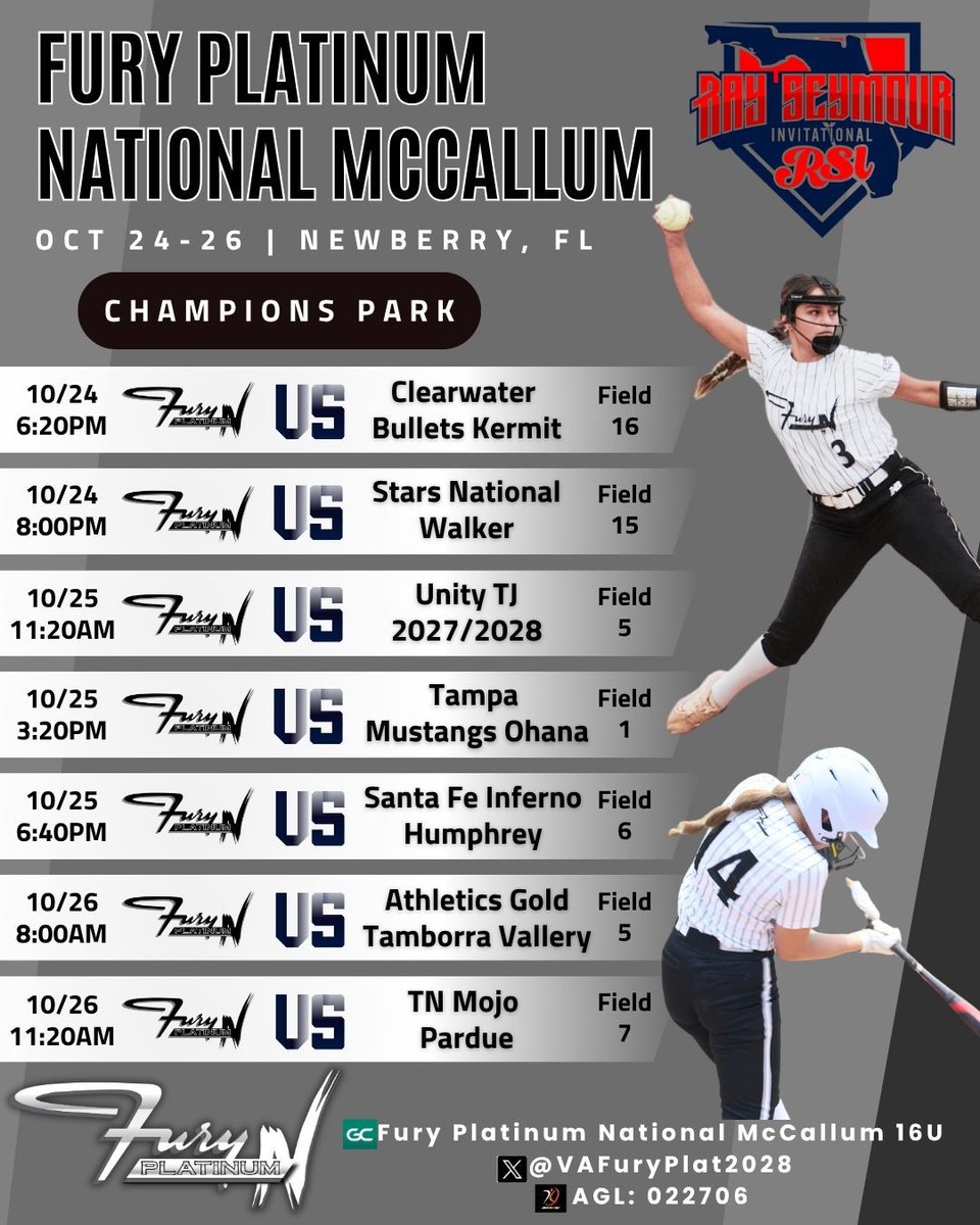 📍Next up - Newberry, FL 
Looking forward to great competition in the Sunshine State at @Ray_Seymour this weekend!☀️
#PlatinumProud <a href="/CoachRyan_M/">Ryan McCallum</a>
<a href="/ConnectSports_/">Connect Sports</a> <a href="/thealliancefp/">The Alliance Fastpitch</a>