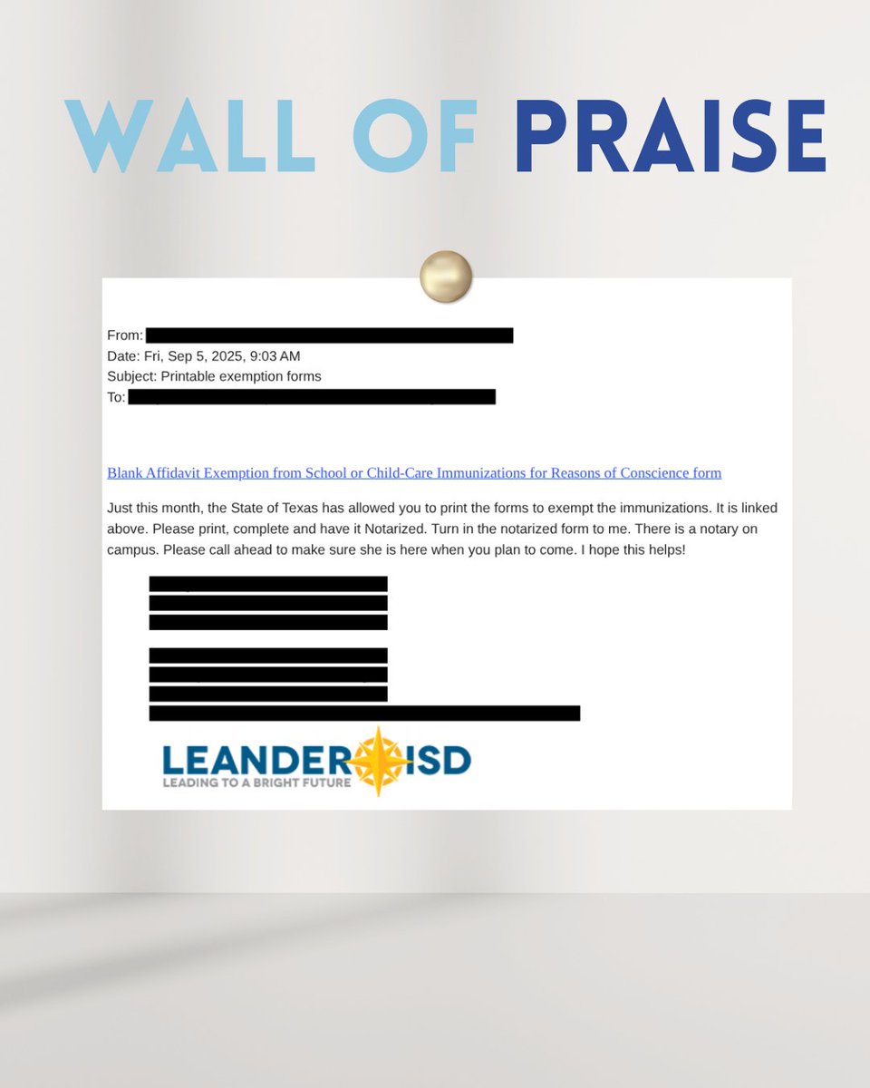 Thank you, <a href="/LeanderISD/">Leander ISD</a> , for accurately informing your district parents of all of the options available to meet vaccine paperwork requirements &amp; providing information about exemptions. Well done! Gold stars all around! ⭐
