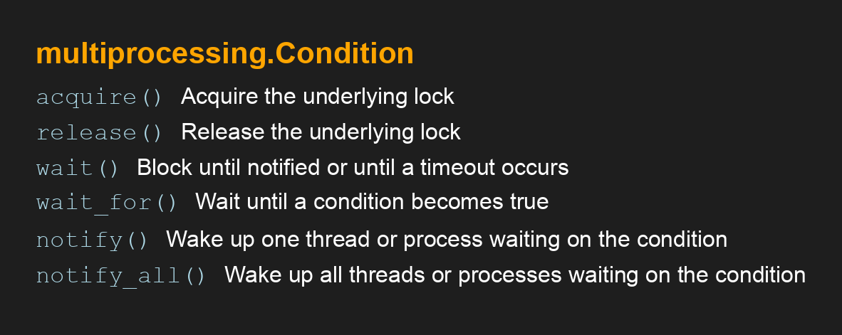 SuperFastPython's tweet image. multiprocessing.Condition API
#Python #Concurrency