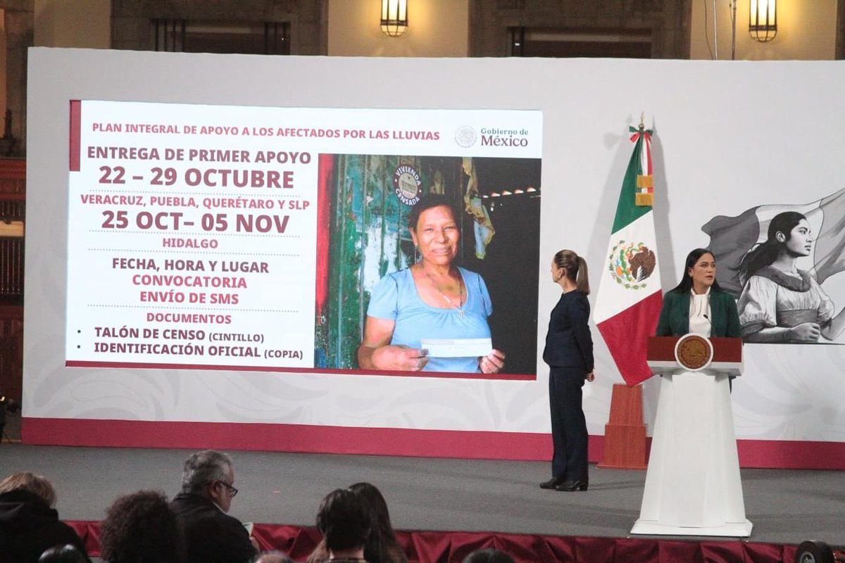 En la #MañaneraDelPueblo, junto a la presidenta <a href="/Claudiashein/">Claudia Sheinbaum Pardo</a>, presenté el Plan Integral de Apoyo a las Personas Afectadas por las Lluvias en #Veracruz, #Puebla, #Hidalgo, #Querétaro y #SanLuisPotosí.

✅ Primer apoyo, a partir del 22 de octubre: 20 mil pesos.
✅ Vale de enseres