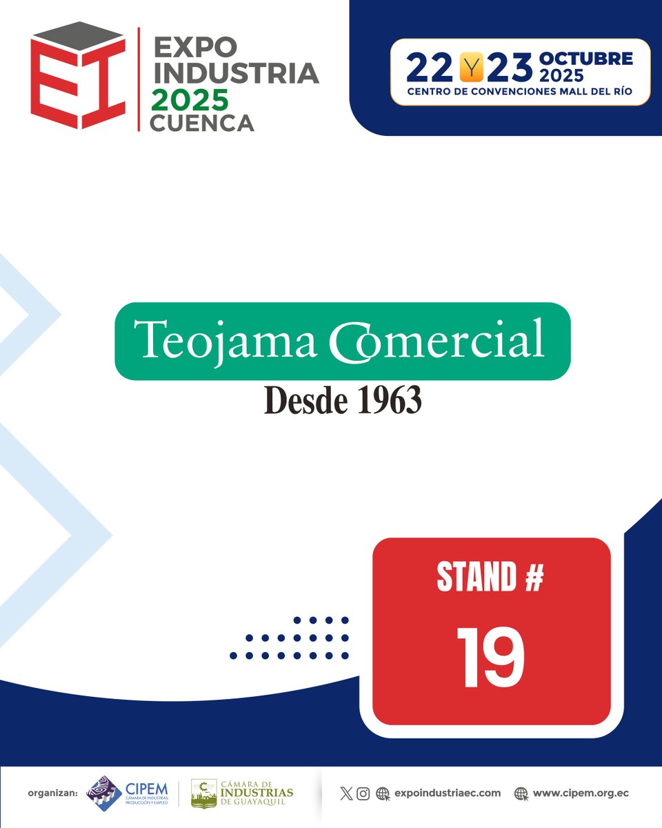 🚛 Teojama Comercial estará presente en la ExpoIndustria Cuenca 2025 este 22 y 23 de octubre en el Centro de Convenciones Mall del Río.

📍 Visítalos en el Stand #19 y conoce más sobre la opción de crédito directo para impulsar tu negocio.