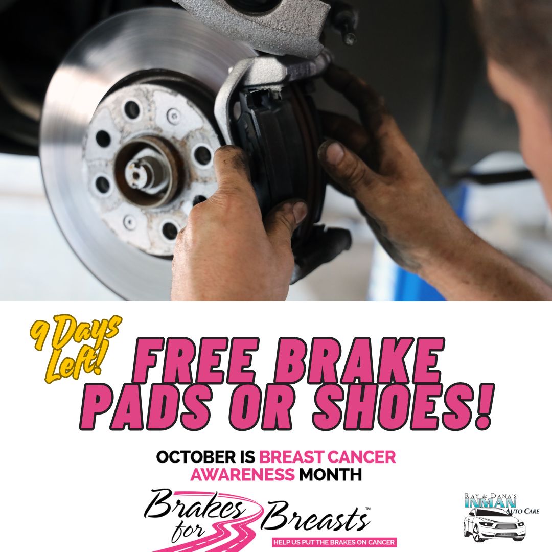 InmanAuto's tweet image. ⏰ Only 9 Days Left to Support #BrakesForBreasts!  Hear a #squeal or feel a #vibration when you hit the #brakes? Your #vehicle could be trying to tell you something! #Schedule your brake inspection or replacement today!  Visit inmanauto.com or call us at 732-388-4939!