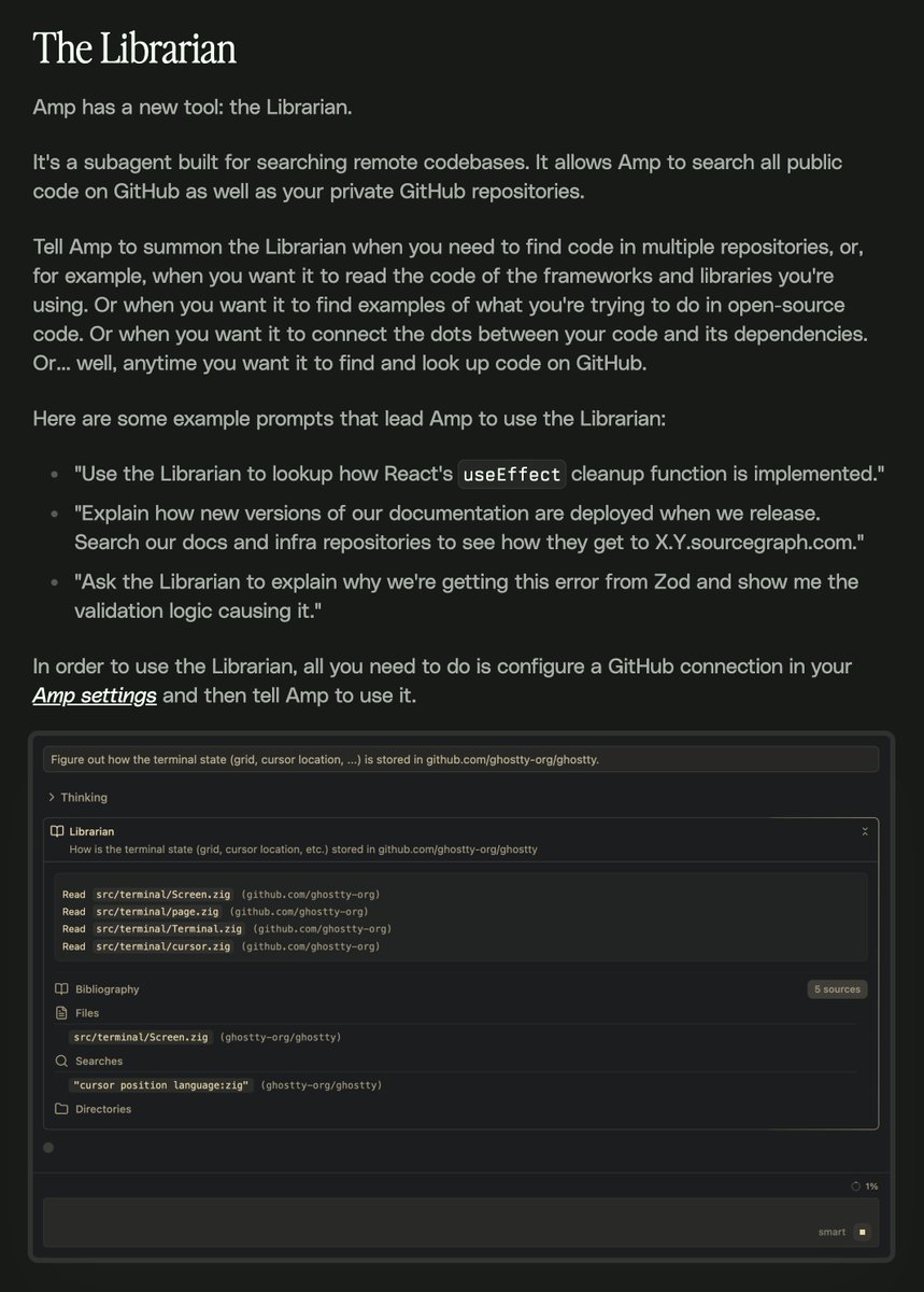 beyang's tweet image. There's a new subagent in Amp called the Librarian. Its job is to locate relevant context in all the libraries you might be using in open source or your private dependencies. Amp's accessible context now extends to the entire universe of code: ampcode.com/news/librarian