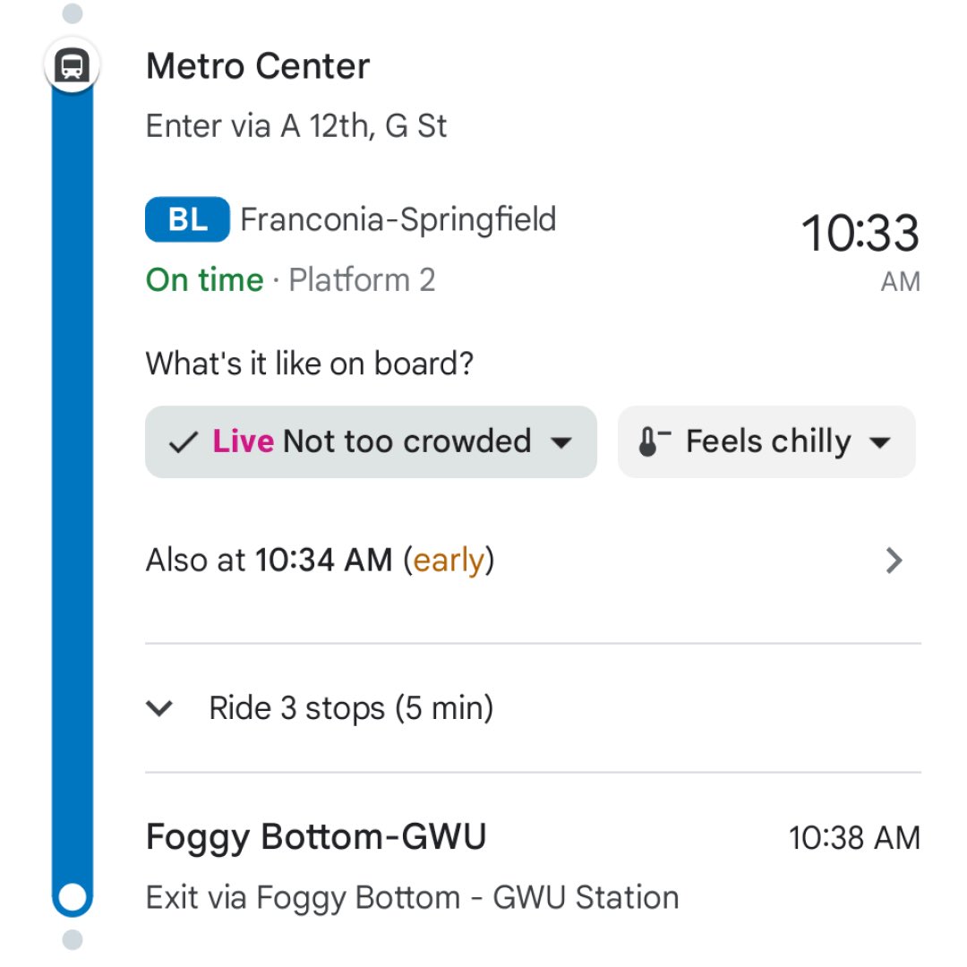 googlemaps's tweet image. You’ve just unlocked a new ✨commuting super power. ✨

Use Google Maps to see the least-packed trains during peak hours and even check the onboard temperature.