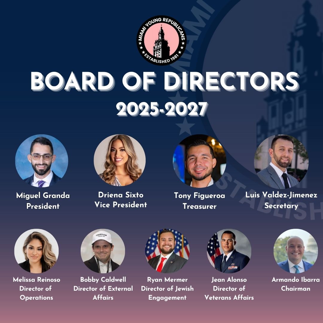 MiamiYRs's tweet photo. We’re thrilled to announce the 2025-2027 Miami Young Republicans Board of Directors! 🙌

This passionate group of leaders is ready to engage young professionals, uphold our values, and make a real impact in Miami-Dade.

A huge thank you to our former President Tony Figueroa, whose leadership fueled tremendous growth — we’re excited to have him continue as Treasurer!

With fresh ideas and renewed momentum, we’re ready to elect more Young Republicans, champion the issues that matter, and expand our impact. The best is yet to come!

Be part of this exciting new chapter! Click the link in our bio to learn more and get involved 🔥
