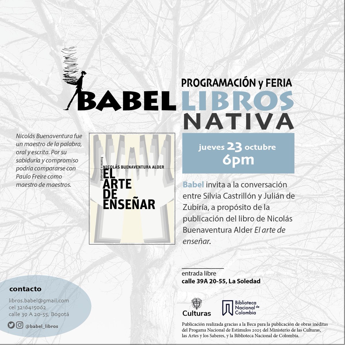 Los invitamos este jueves a las 6pm al lanzamiento del libro El arte de enseñar, de Nicolás Buenaventura Alder, una obra que celebra la pedagogía como acto de libertad y compromiso con la vida.