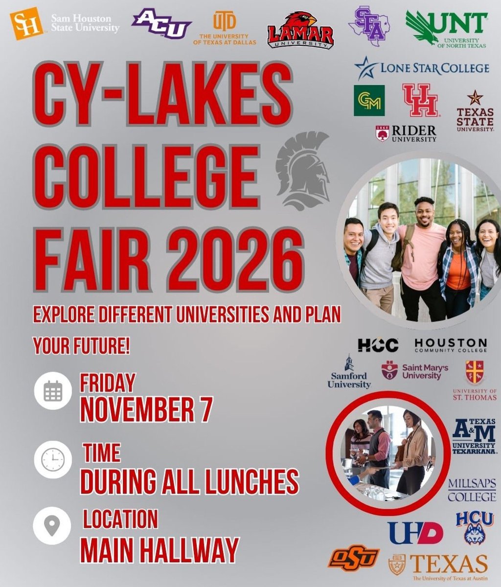 LakesCounselors's tweet photo. 🎓✨ Cy-Lakes College Fair 2026 ✨🎓
📅 Friday, Nov 7th
📍 Main Hallway All Lunches
🎯 STUDENTS ONLY
Meet college reps, explore your options, and get inspired about what’s next after high school.
#CyLakesCollegeFair #FutureReady #SpartanStrong #CollegeBound #RedefineYourPath https://t.co/NA6PEbrgzX